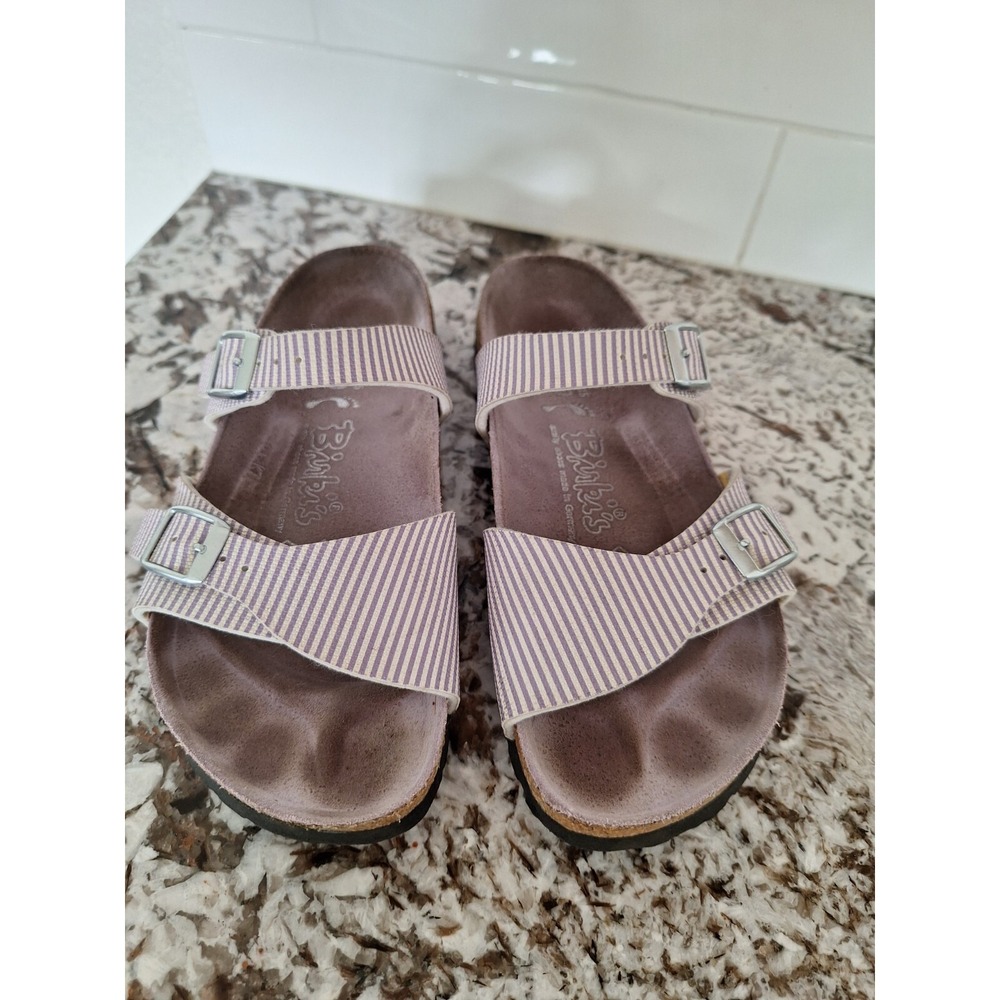 Birkenstock Birki's  Aziza Purple & White Stripe 2 Strap‎ Sandals US 5.5 EU 36